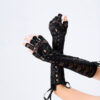 Lolita Lace Strapped Gloves | Halloween Long Ribbon Fingerless Gloves | Punk Style Cosplay Black Gloves